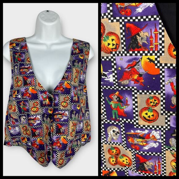 111 Main Vest Women Large Halloween Cartoon Patchwork Checker Print Colorful - Picture 1 of 8